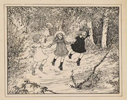 Drie rennende meisjes in een bos