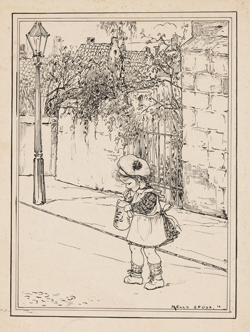 Peutermeisje met kan op een straat