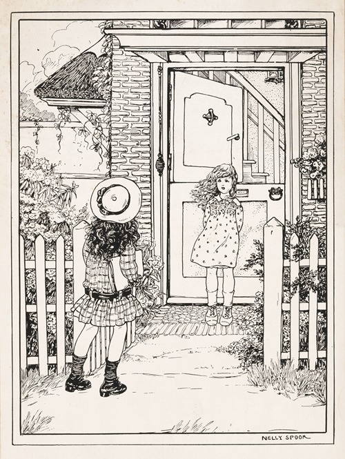 Twee meisjes bij een voordeur