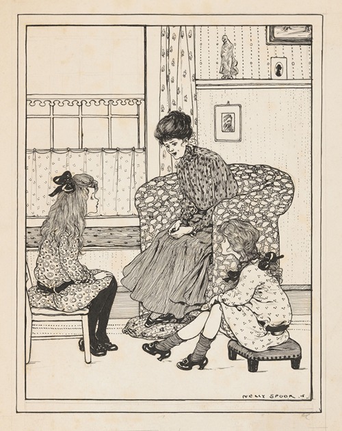 Vrouw en twee meisjes in een interieur
