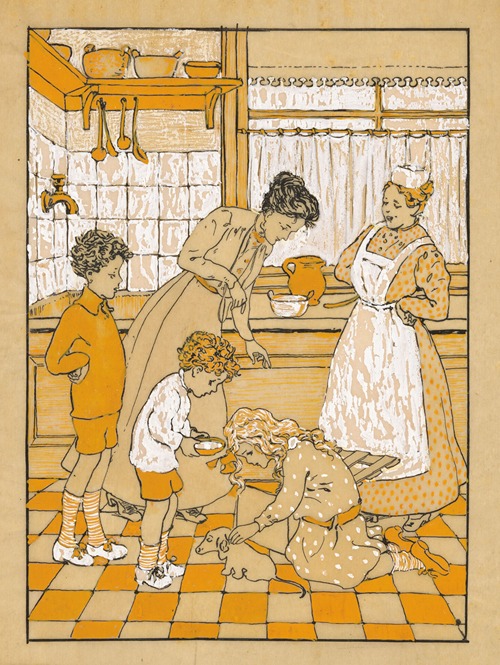 Vrouwen en kinderen met een puppy in een keuken