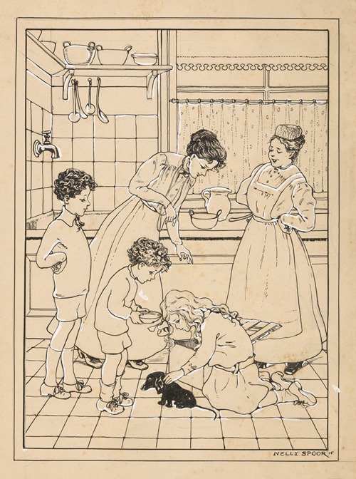 Vrouwen en kinderen met een puppy in een keuken