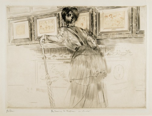 Woman Looking at Watteau Drawings in the Louvre