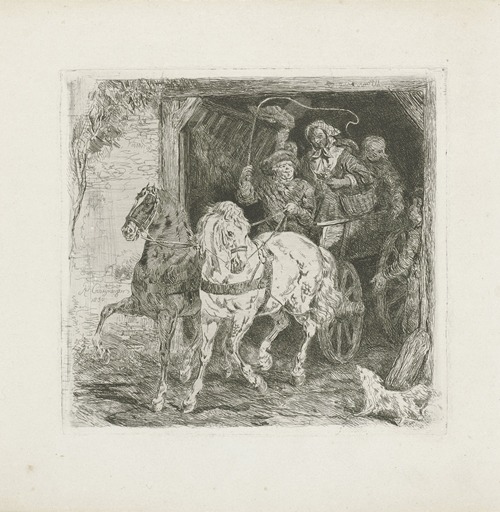 Uitrijdende wagen met boeren