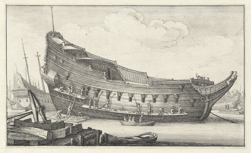 Fitting out a hull; men on scaffolds and ladders working to fit hull of ship in the centre