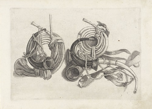 Five hunting horns of various shapes with cords and straps attached, two at left and three at right