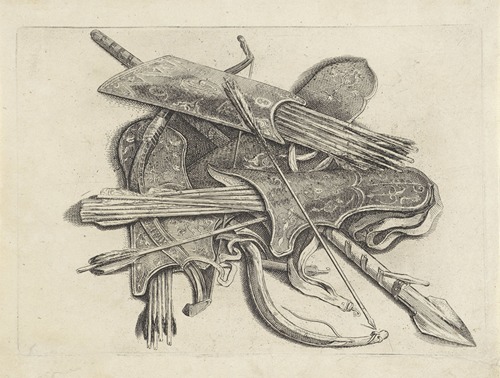 Four quivers with arrows, two bows and a spear arranged on the ground