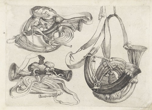 Seven hunting horns of various shapes with cords and straps attached