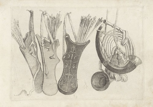 Three quivers with arrows and straps hanging from nails at left, two hunting horns at right