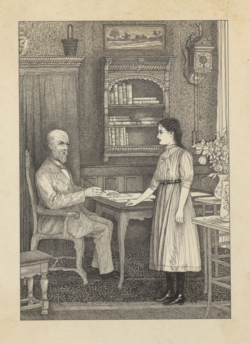 Meisje en schrijvende man bij een tafel