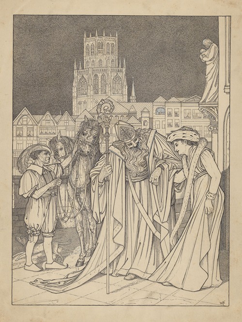Sint Nicolaas met een vrouw, Piet en twee paarden