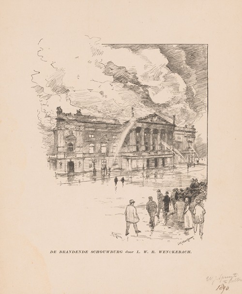 Gezicht op de brandende schouwburg van Amsterdam