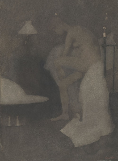 Naakte vrouw, zittend op de rand van het bed