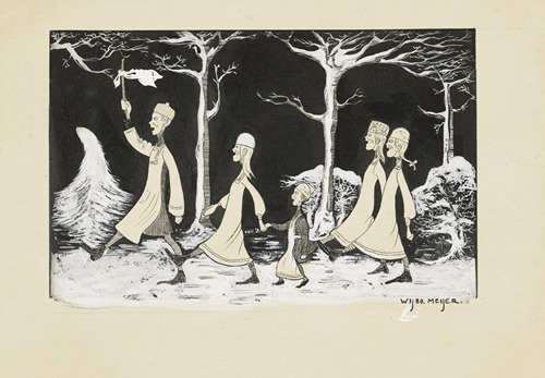 Henk, Anne, Hans, Noor en Elly marcheren door de sneeuw