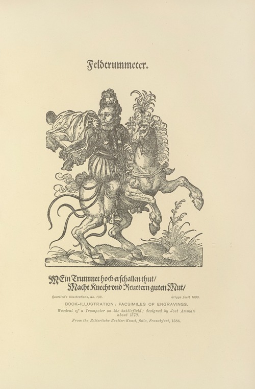 Woodcut of a Trumpeter on the battlefield; designed by Jost Amman