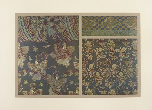 Personnages ; oiseaux sur fond de palmiers