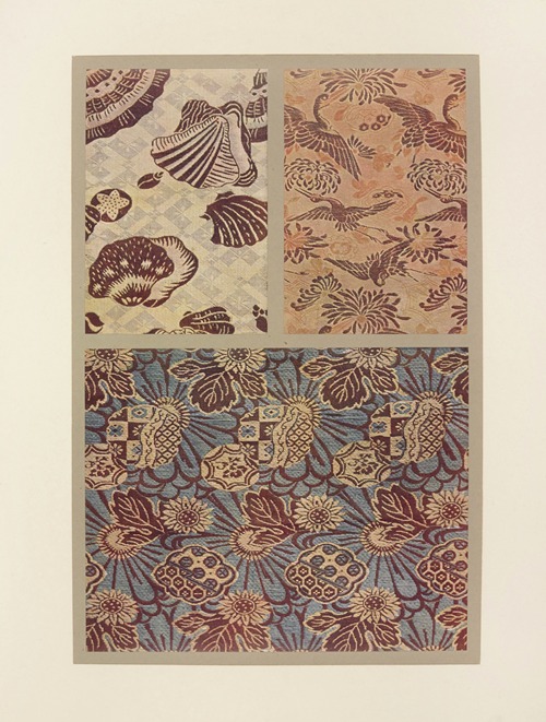 Coquilles sur jeu de fond géométrique ; grues au vol et chrysanthèmes ; fleurs de soleils