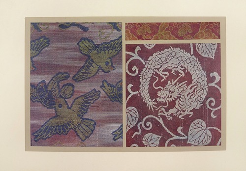 Oiseaux au vol ; ornements ; dragon et feuillage
