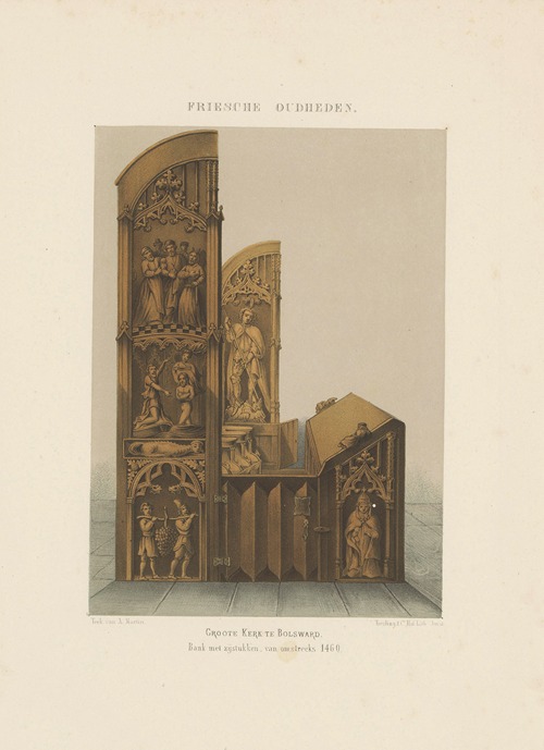 Groote Kerk te Bolsward. Bank met zijstukken, van omstreeks 1460