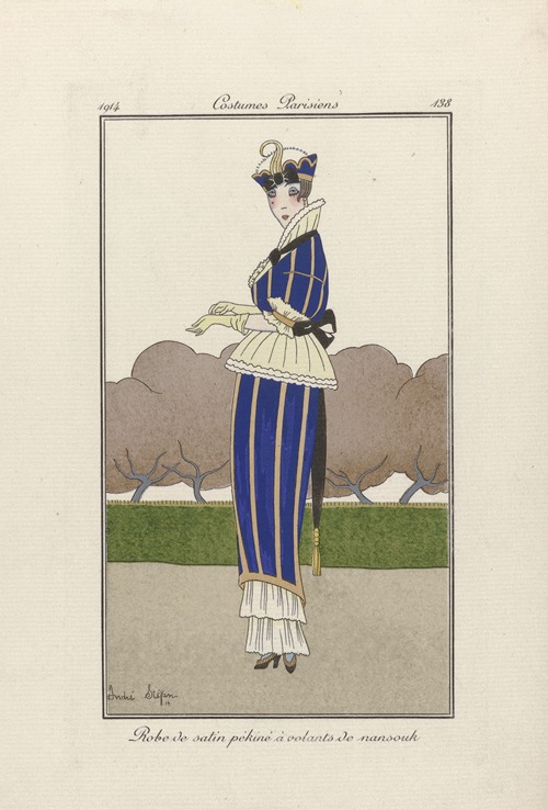 Journal des Dames et des Modes – Robe de satin pékiné à volants de nansouk