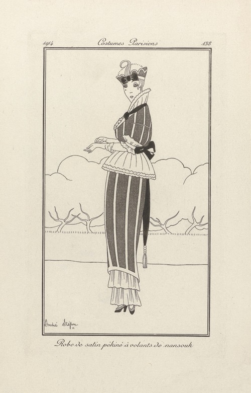 Journal des Dames et des Modes – Robe de satin pékiné à volants de nansouk