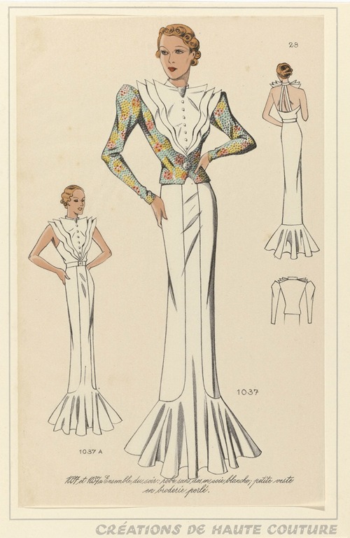 Créations de Haute Couture – Ensemble du soir; robe sans dos en soie blanche; petite veste en broderie perlé