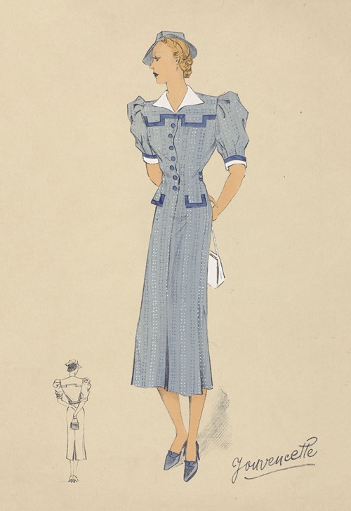 Woman in a blue dress with a white collar