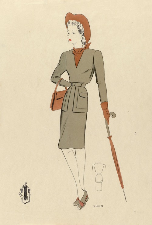 Woman with Handbag and Umbrella