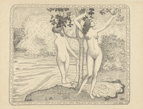 Deux baigneuses nues sous un arbre au bord de l’eau. Eté