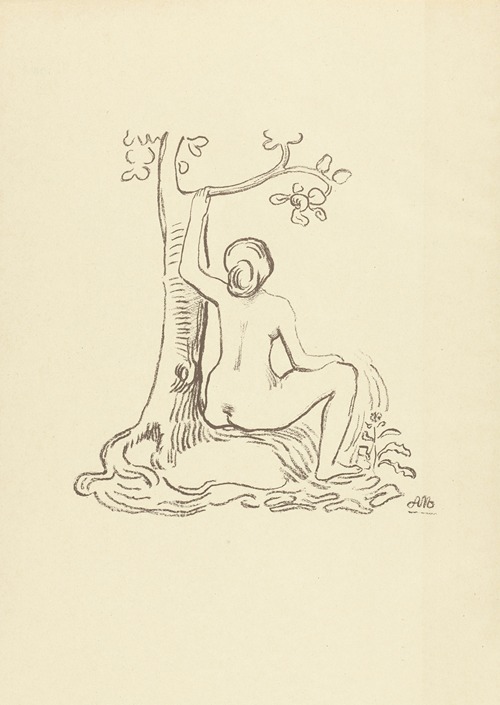 Nude woman sitting by a tree