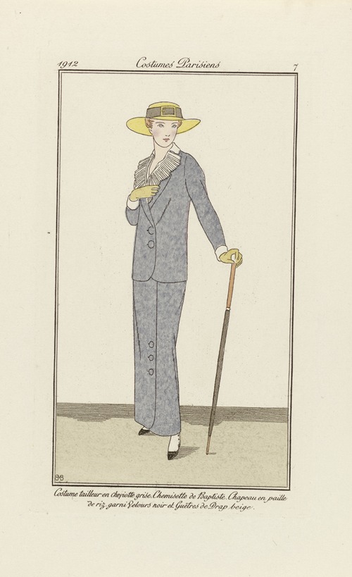 Journal des Dames et des Modes – Costume tailleur en Cheyotte grise. Chemisette de Baptiste