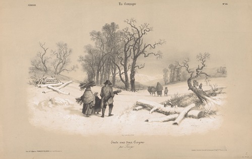 Family gathering wood in the snow