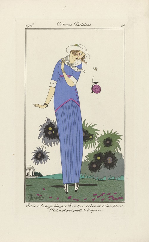 Journal des Dames et des Modes – Patite robe de jardin, par Poiret, en crêpe de laine bleu. Fichu et poignets de lingerie