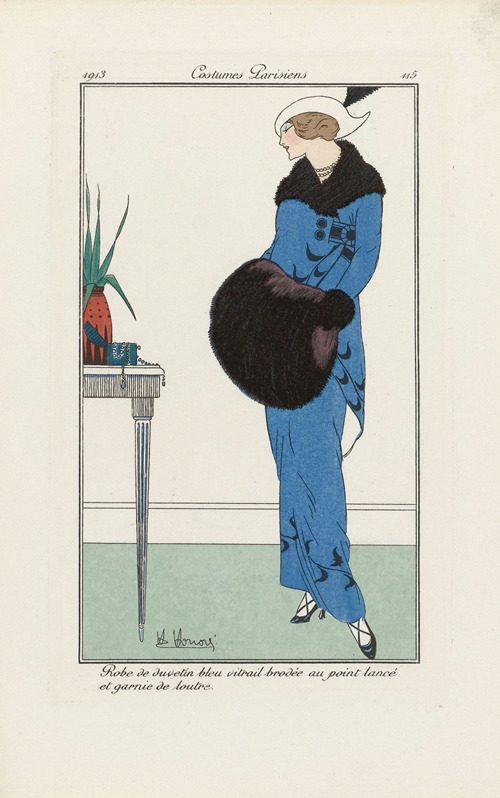 Journal des Dames et des Modes – Robe de duvetin bleu vitrail brodée au point lancé et garnie de loutre