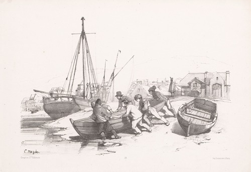 Men push rowboat from land to water
