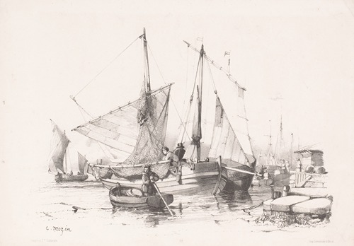 Sailing ships and rowboats at the quay