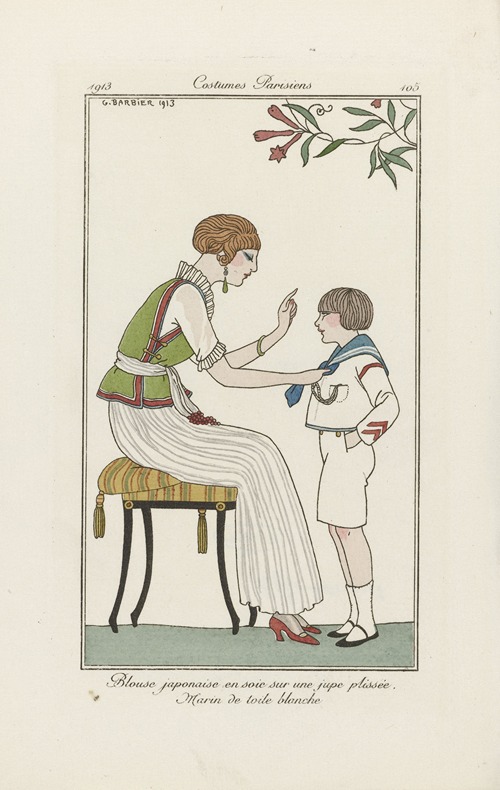 Journal des Dames et des Modes – Blouse japonaise en soie sur une jupe plissée. Marin de toile blanche