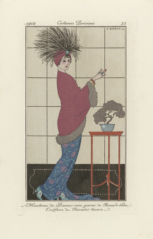 Journal des Dames et des Modes – Manteau de Damas rose, garnie de Renard bleu. Coiffure de Paradis Noirs