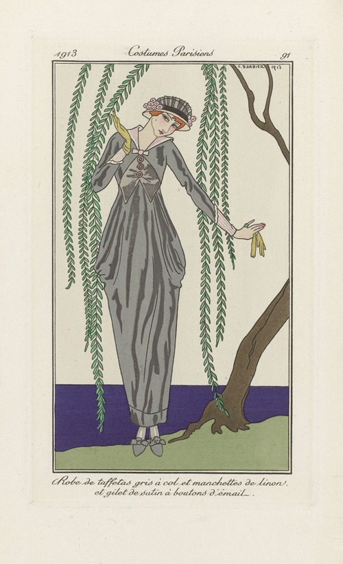 Journal des Dames et des Modes – Robe de taffetas gris à col et manchettes de linon et gilet de satin à boutons d’email.