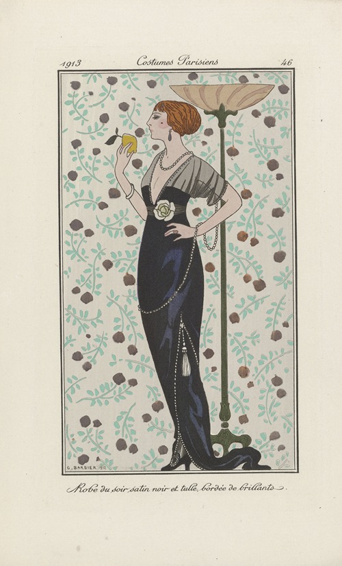 Journal des Dames et des Modes – Robe du soir satin noir et tulle, bordée de brillants