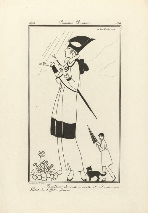 Journal des Dames et des Modes – Tailleur de ratine verte et velours noir Gilet de taffetas fraise