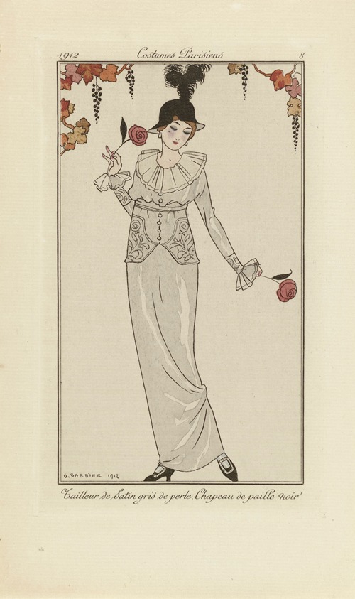Journal des Dames et des Modes – Tailleur de Satin gris de perle. Chapeau de paille noir.
