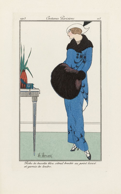 Journal des Dames et des Modes – Robe de duvetin bleu vitrail brodée au point lancé et garnie de loutre