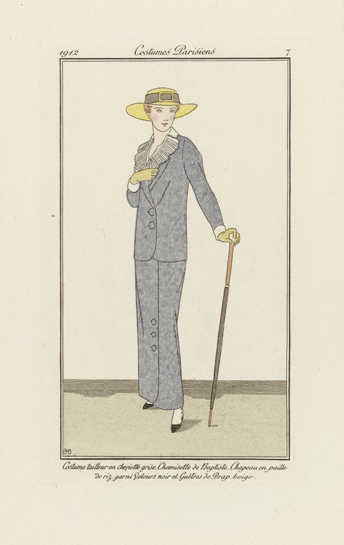 Journal des Dames et des Modes – Costume tailleur en Cheyotte grise. Chemisette de Baptiste