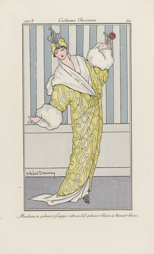 Journal des Dames et des Modes – Manteau de velours frappé citron. Col velours blanc et Renard blanc