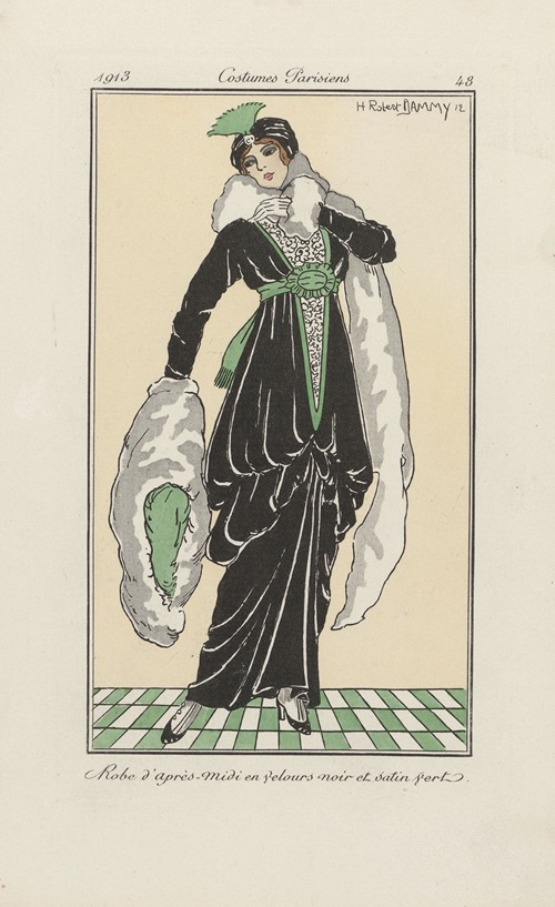 Journal des Dames et des Modes – Robe d’aprés-midi en velours noir et satin vert