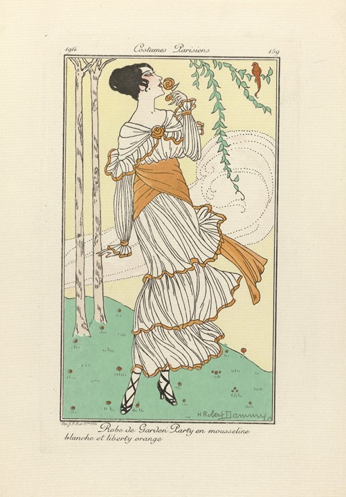 Journal des Dames et des Modes – Robe de Garden Party en mousseline blanche et liberty orange