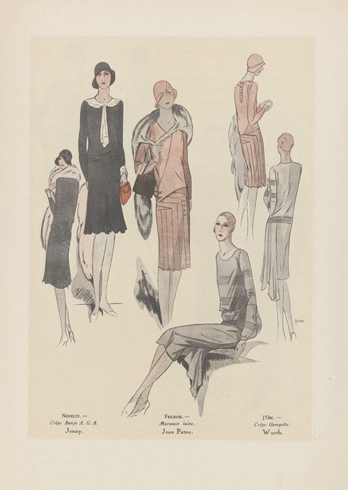 Art – Goût – Beauté – NOVELTY. – Crêpe Banjo A. G. B. Jenny. ; FRILEUSE. – Mariocain laine. Jean Patou. ; J’OSE. – Crêpe Georgette. Wortht