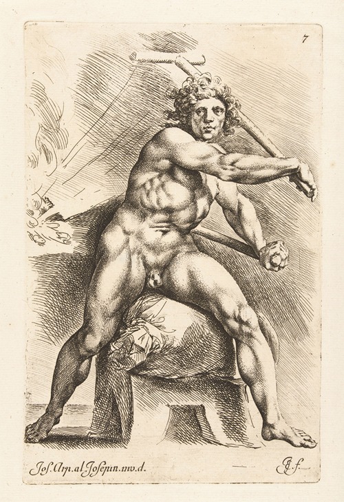 Nude man working on a bellows.