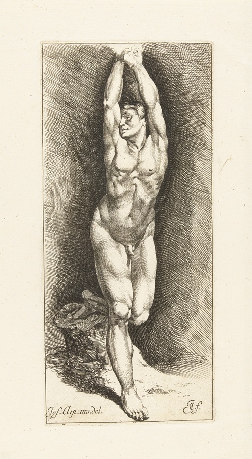 Nude man standing with arms raised